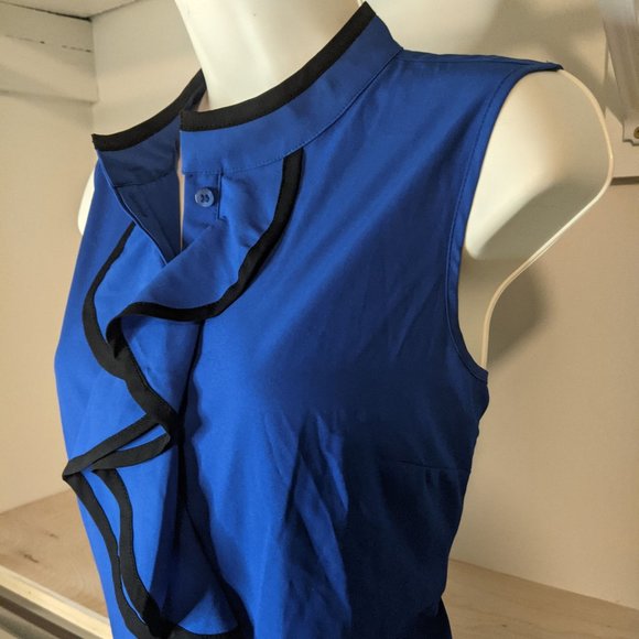 Calvin Klein Cerulean with Black Hem Detail Button Down Sleeveless Blouse - Picture 4 of 5